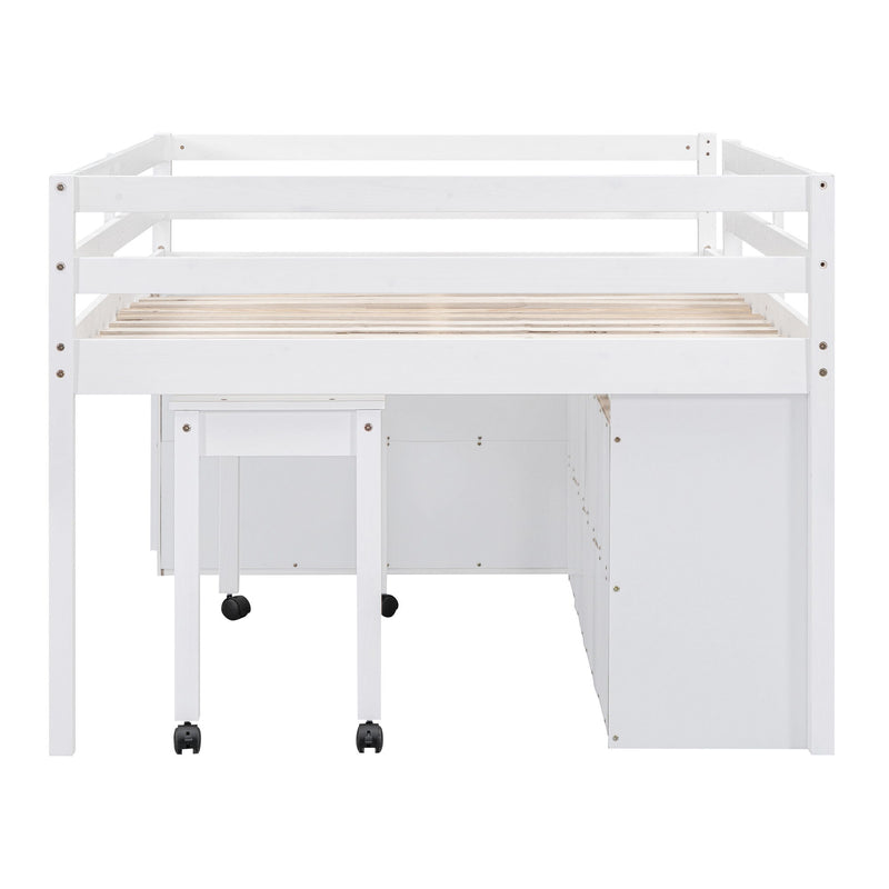 Loft Bed With Retractable Writing Desk And 4 Drawers, With Lateral Portable Desk And Shelves