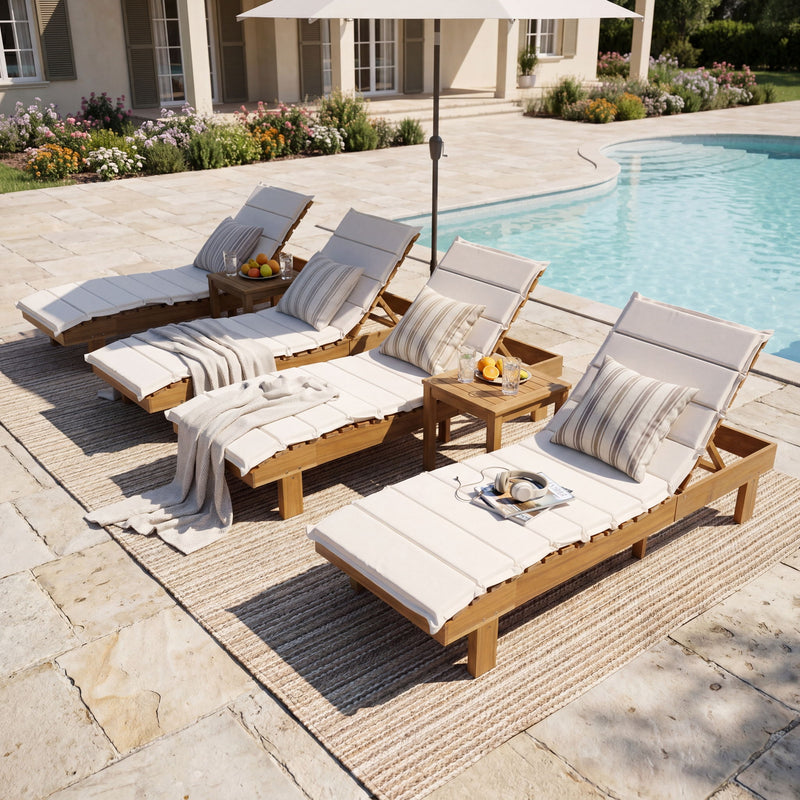 Chaise Lounge With Multi Fold Cushion, 3 Position Adjustable Backrest For Patio - Beige / Teak