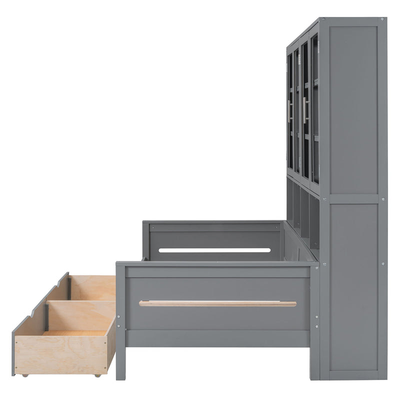 Daybed With Glass Door Storage Cabinets, Built In LED Lighting And Shelves