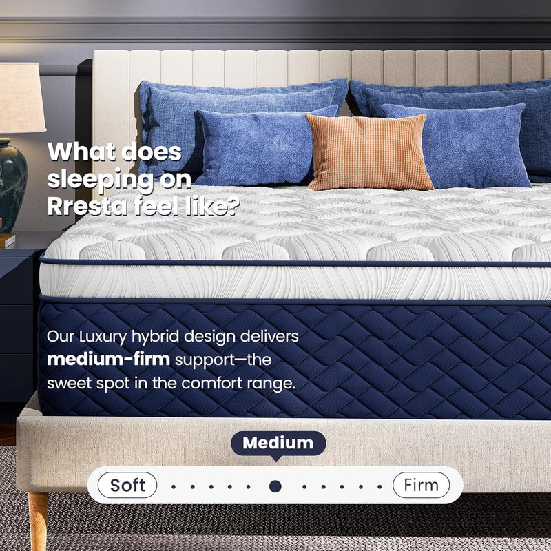 Rresta Hotel Collection - 12" Medium Firm Hybrid Mattress With 5 Zone Support For Back & Hip Relief, Fiber Free, Certipur Us Certified