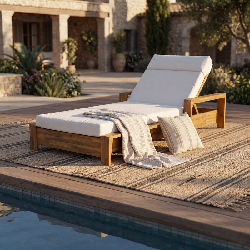 Chaise Lounge Set With 4 Fold Cushion And Built In Headrest, 3 Position Adjustable, For Patio Pool - Cream / Teak