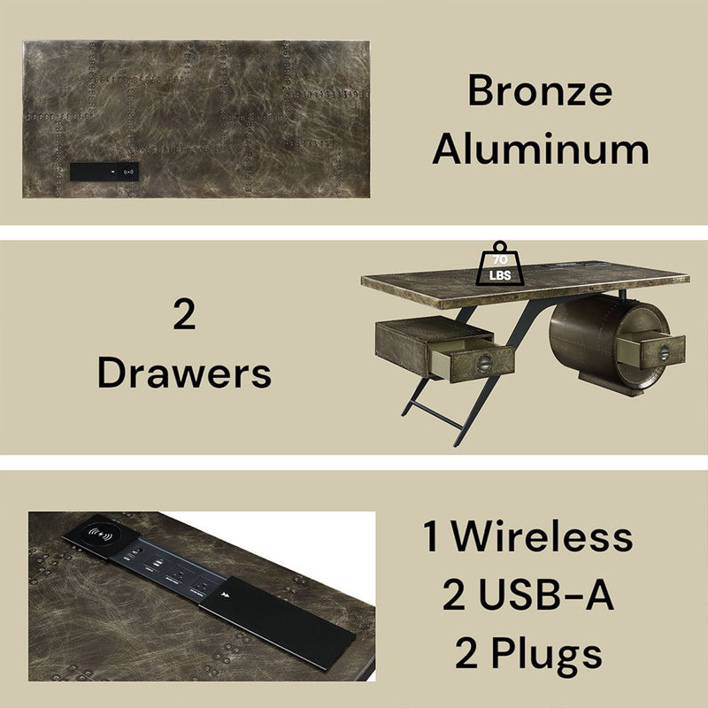Brancaster - Executive Writing Desk With USB - Bronze Aluminum