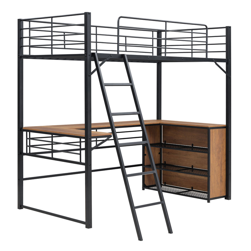 Loft Bed & 3 Layers Of Shelves And L-Shaped Desk