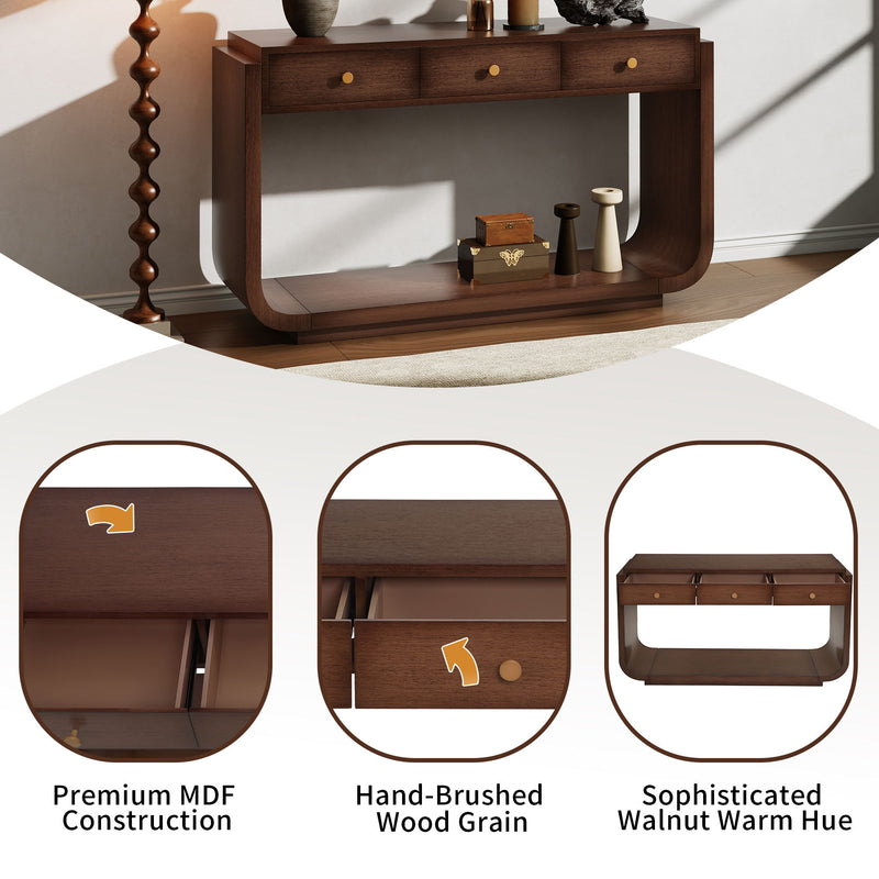 Console Table With 3 Drawers, Display Shelf, Curved Legs - Walnut