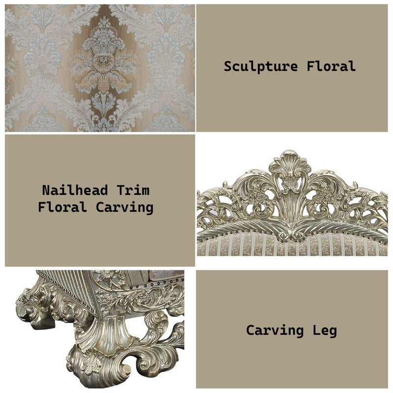 Sorina - Loveseat With 5 Pillows - Velvet, Fabric & Antique Gold