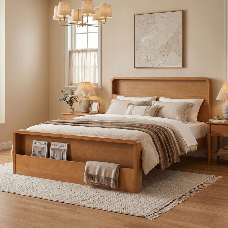 Queen Bed Frame With Dual Open Storage Headboard And Footboard, No Box Spring Needed - Light Brown