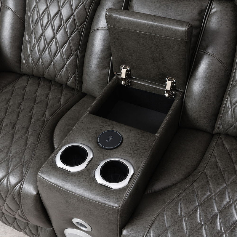 Taddeo - Power Motion Loveseat With Console, Speaker, USB, Wireless Charger & LED - Dark Gray