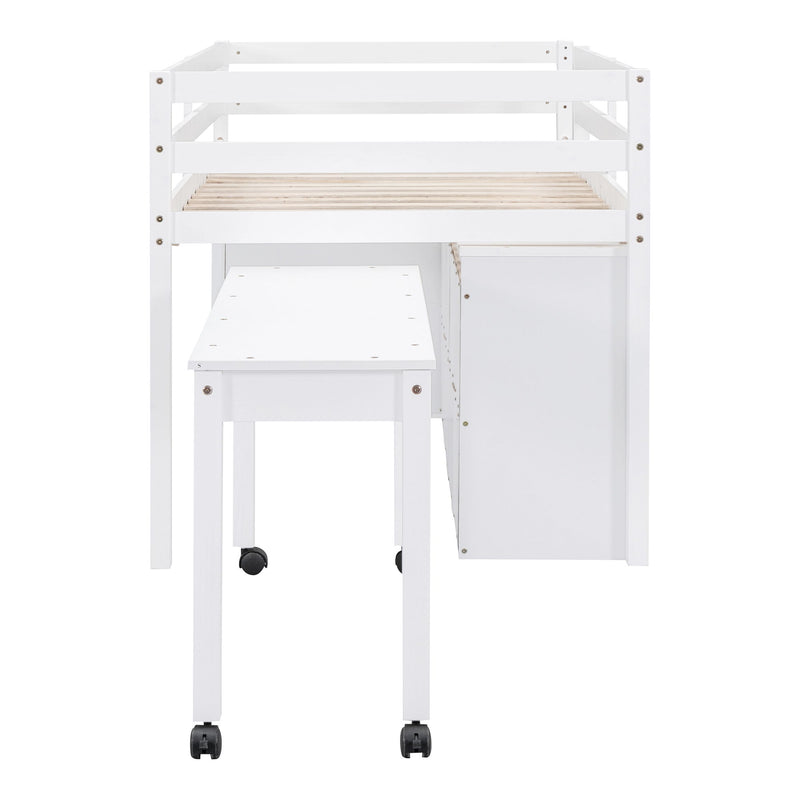 Loft Bed With Retractable Writing Desk And 4 Drawers, With Lateral Portable Desk And Shelves