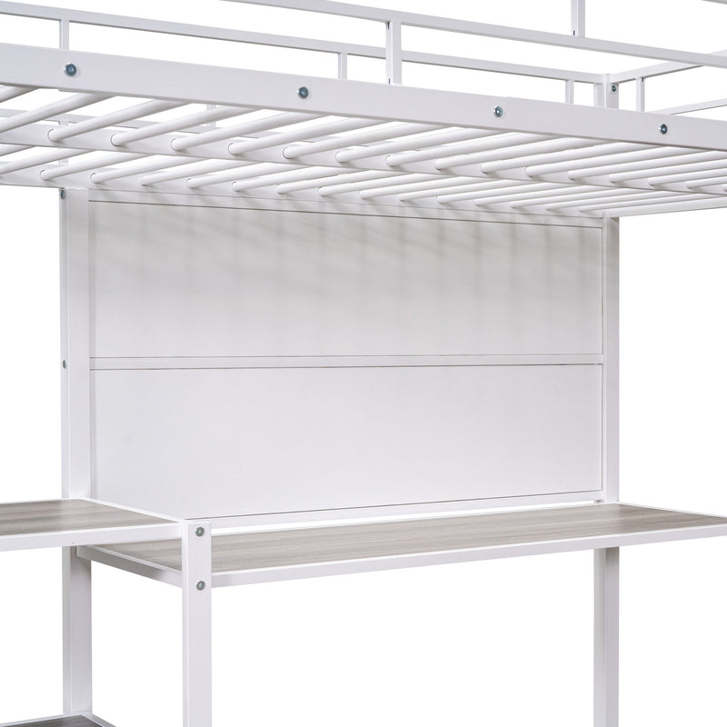 Metal Loft Bed With Desk, 3 Shelves And Ladder
