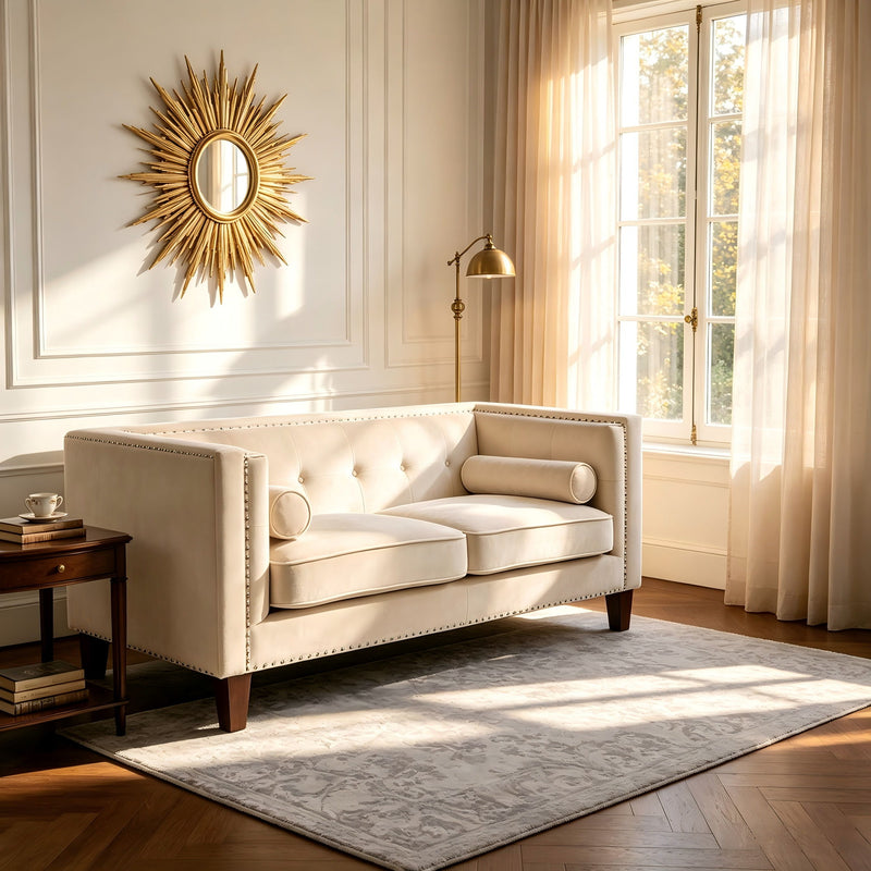 Button Tufted Square Arm Loveseat Sofa With Nailhead Trim, Upholstered 2 Seater Couch - Ivory