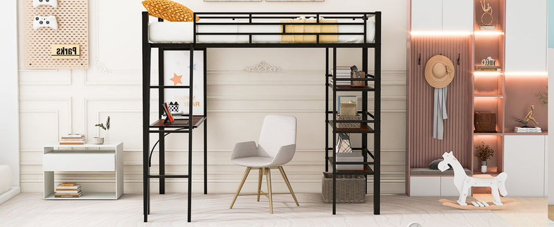 Loft Metal Bed With 3 Layers Of Shelves And Desk, Stylish Metal Frame Bed With board