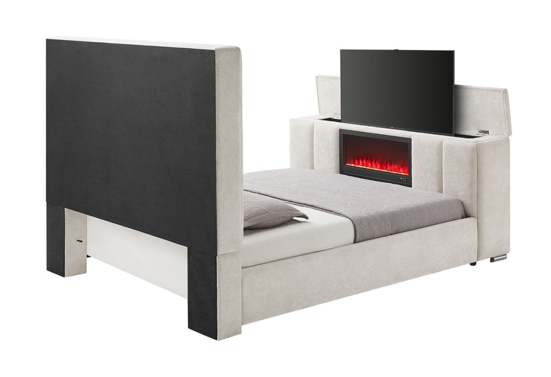 Serenity - Queen Bed With Speaker, TV Lift, Fireplace - Cream