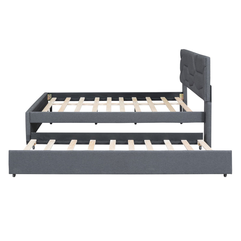 Upholstered Platform Bed With Brick Pattern Headboard And Twin Long Size Trundle
