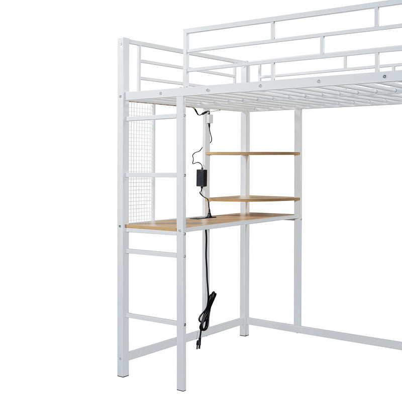 Loft Bed With Desk, Shelves, Power Outlet, LED Light And Wardrobe