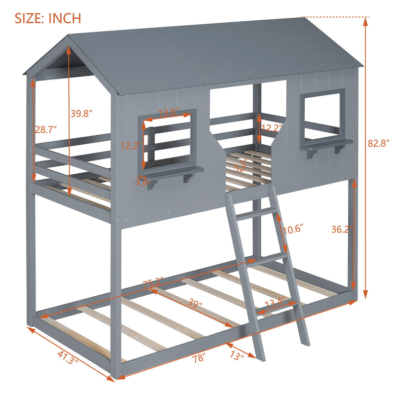 Twin Over Twin Bunk Bed With Roof, Window, Guardrail, Ladder