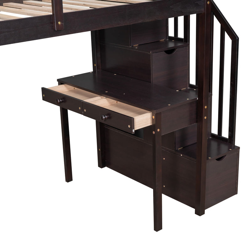 Loft Bed With Storage Drawers, Desk And Stairs With Shelves