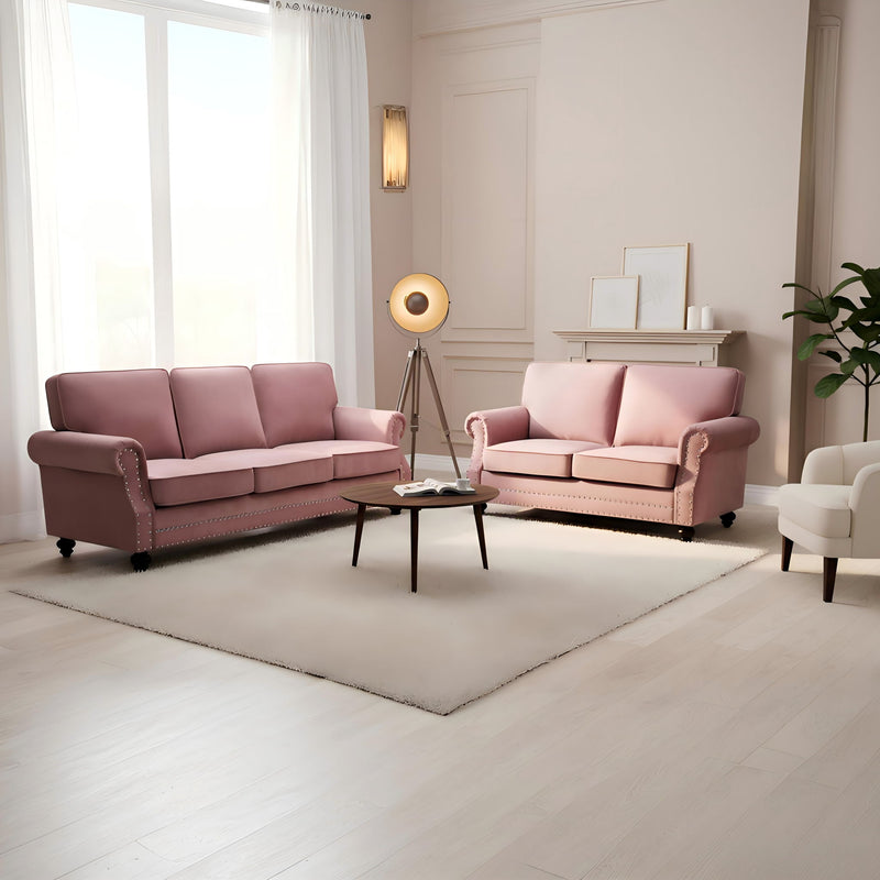 Loveseat Sofa With Nailhead Detail & Turned Legs, 2 Seater Upholstered Couch
