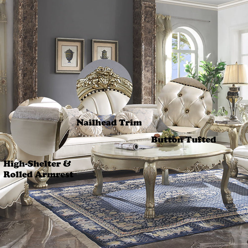 Dresden II - Sofa With 7 Pillows - Pearl Synthetic Leather & Gold Patina