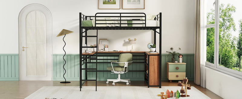 Full Size Loft Bed With 3 Layers Of Shelves And L-Shaped Desk - Black