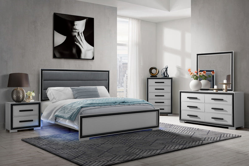 Amelia - 4 Piece King Bedroom Set (King Bed With LED, Dresser, Mirror And Nightstand) - Black / Gray