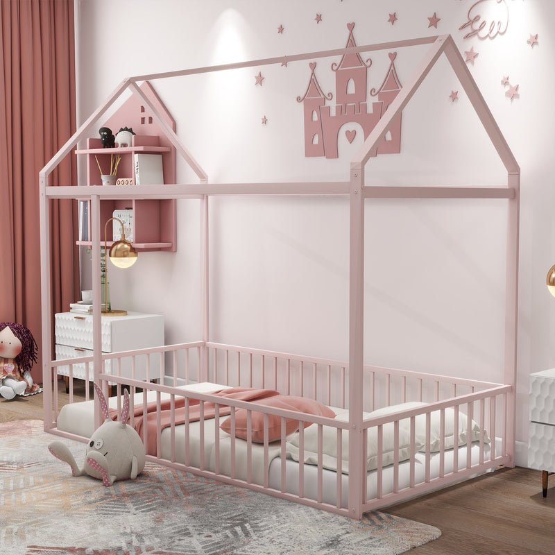 Metal Bed House Bed Frame With Fence
