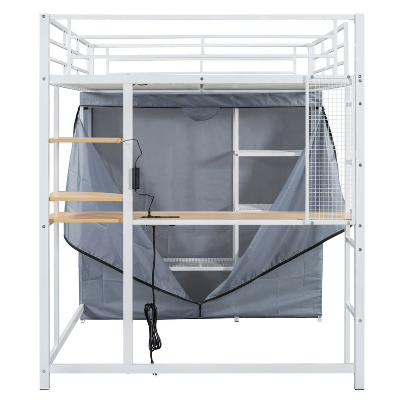 Loft Bed With Desk, Shelves, Power Outlet, LED Light And Wardrobe