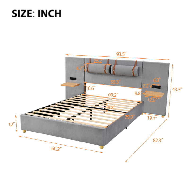 Upholstered Platform Bed, 2 Outlets And USB Charging Ports On Both Sides, 2 Bedside Pillows, Storage Shelves