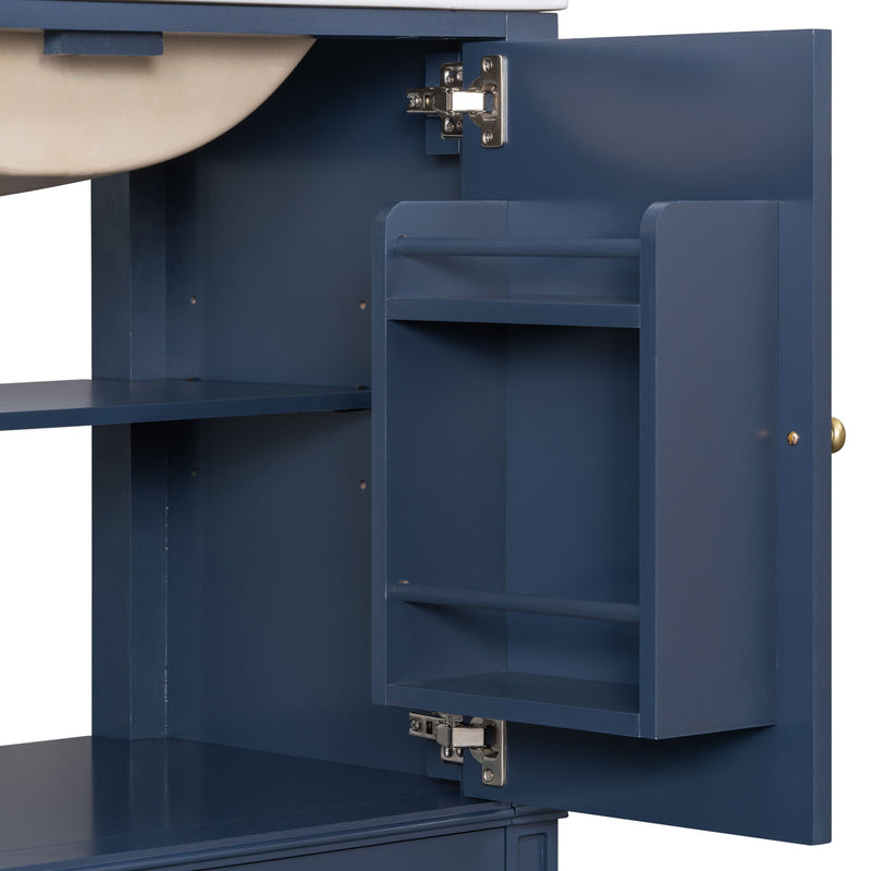 Tocador de baño con lavabo, puerta de cierre suave, almacenamiento multifuncional