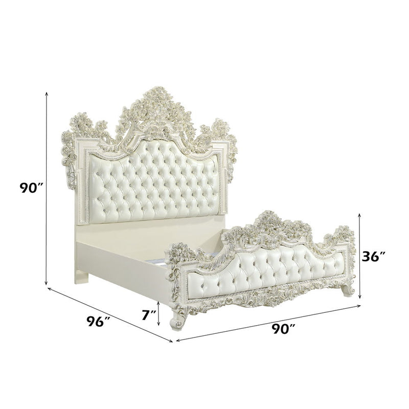 Adara - Eastern King Bed - Pearl White Synthetic Leather & Antique White
