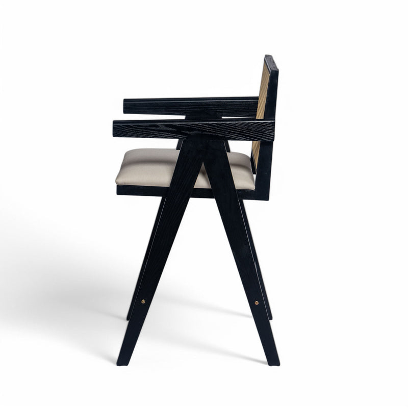 Woven Cane Plastic Backrest Bar Stool Foam Padded Fabric Seat & Durable Rubberwood Frame - Cream Gray