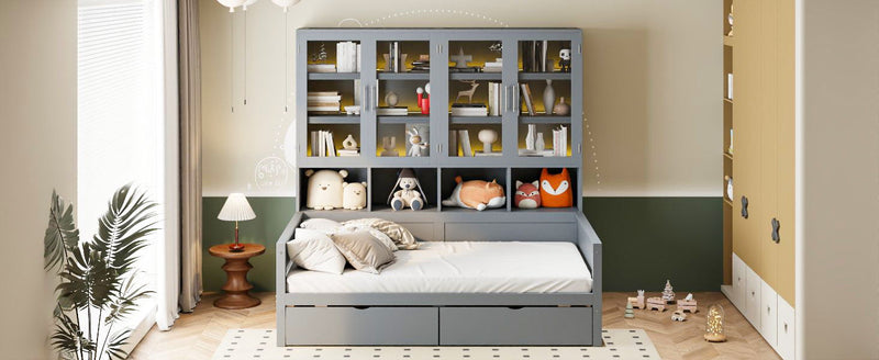 Daybed With Glass Door Storage Cabinets, Built In LED Lighting And Shelves