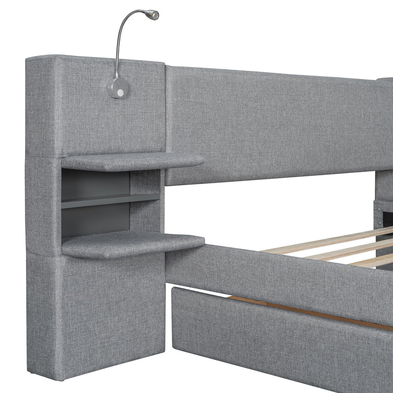 Upholstered Platform Bed With Reading Lights, Drawers, Trundle And Shelves