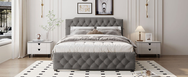 Upholstered Platform Bed With Trundle And 2 Sets Of USB Ports On Each Side, Fabric