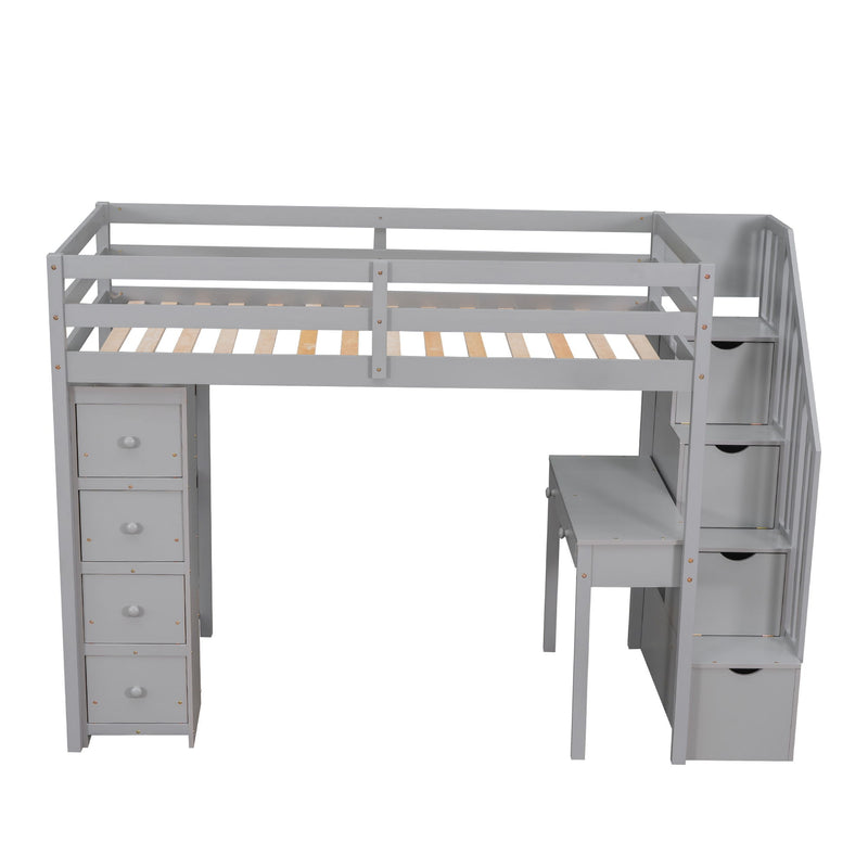 Loft Bed With Storage Drawers, Desk And Stairs With Shelves