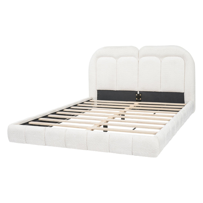 Queen Size Upholstered Platform Bed With Tufted Headboard - White