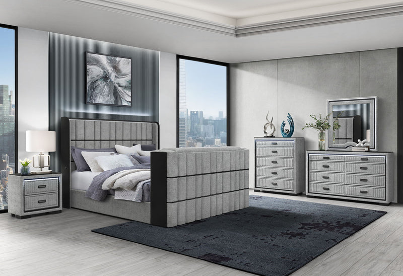 Isabella - Queen Upholstered Bed With LED, TV Lift, Bluetooth Speaker And Firpeplace Crystal - Gray