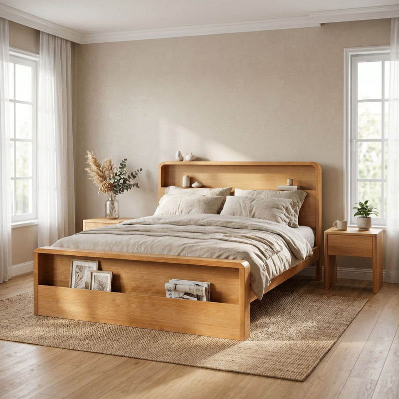 Queen Bed Frame With Dual Open Storage Headboard And Footboard, No Box Spring Needed - Light Brown